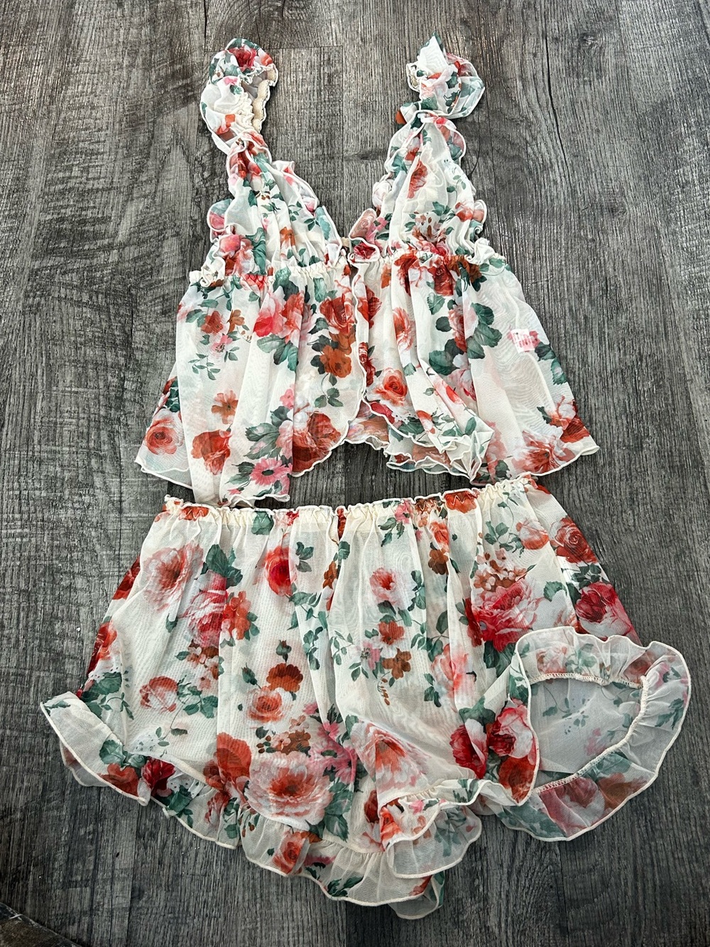 Floral Ruffle Two-Piece Women’s Sleep Set - White with Red & Green Floral